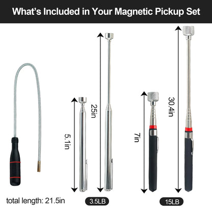 3-Pack Magnetic Pickup Tools 15 & 3.5 3 PCS (Telescoping & Bendable), Silver
