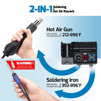 WEP 882D Soldering Iron Station 2-IN-1 SMD Hot Air Rework with 2...