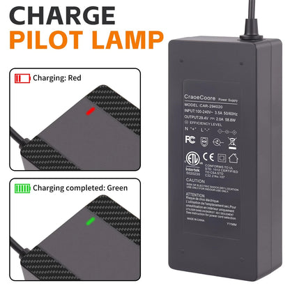 CraogeCoore 29.4V 2A Lithium Battery Charger, 5-in-1 Universal Plug Black