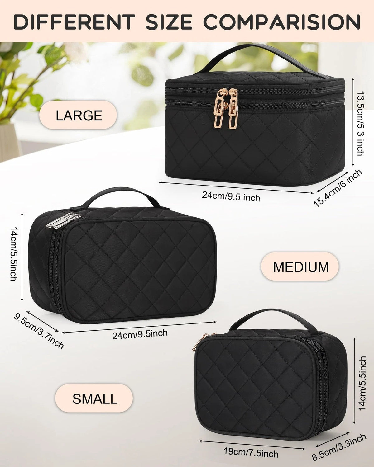 Relavel Travel Makeup Bag, Large Cosmetic Bag with Separate 3-LARGE, 01-Black