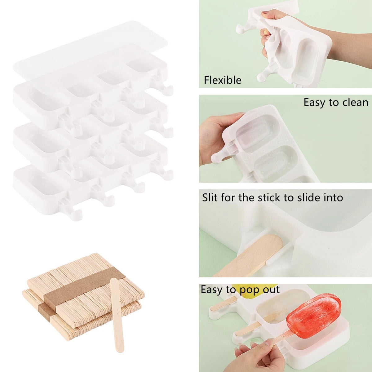 3 Set Popsicles Molds with Lids and 100 Pcs Wooden Standard Size, White