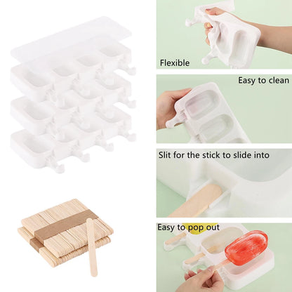 3 Set Popsicles Molds with Lids and 100 Pcs Wooden Standard Size, White