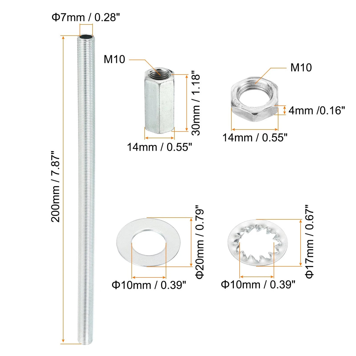 PATIKIL M10 Thread 7.87" Lamp Pipe Kit with Lock Nuts Washers, 7.87", Silver