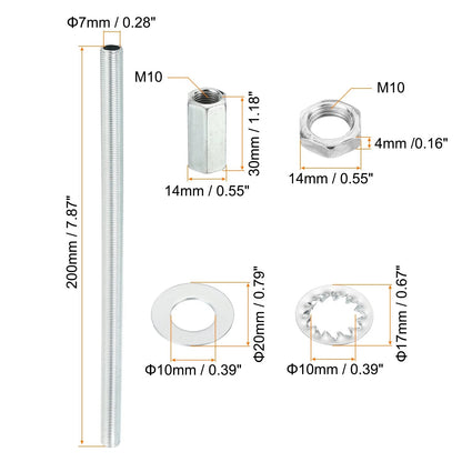 PATIKIL M10 Thread 7.87" Lamp Pipe Kit with Lock Nuts Washers, 7.87", Silver