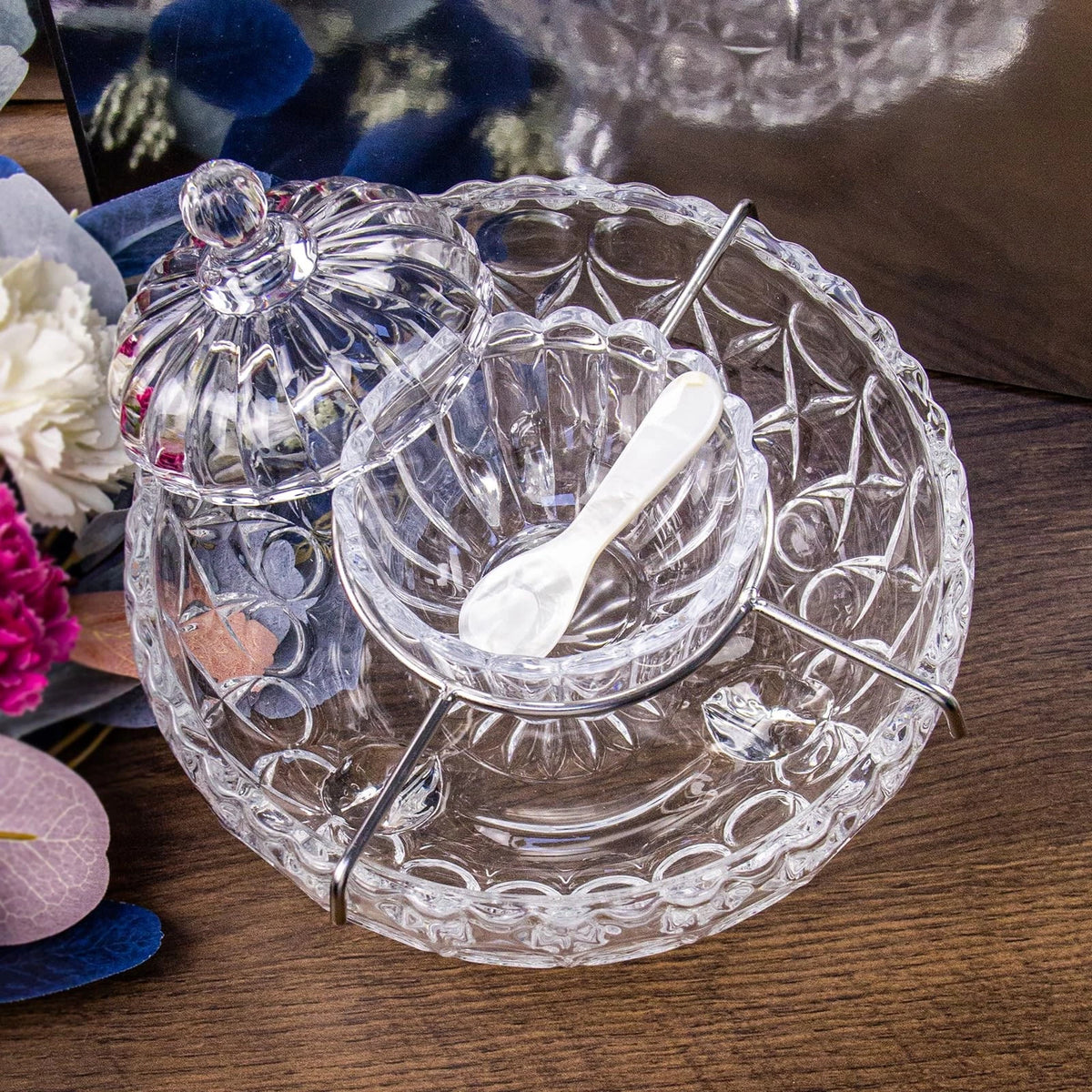DUEBEL Car Server Set with 2 Mother of Pearl Spoons - Elegant L, Clear