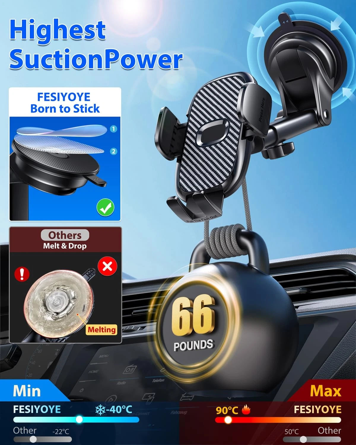 Car Phone Holder[Military-Grade 360°Suction Cup]Phone Holders for dark black