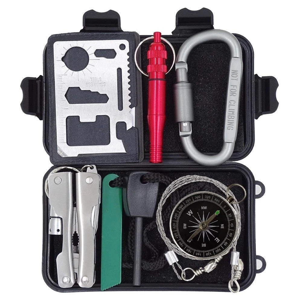 Outdoor Survival Kit 7 in 1,Mini Emergency Gear 8 Piece Set, Black