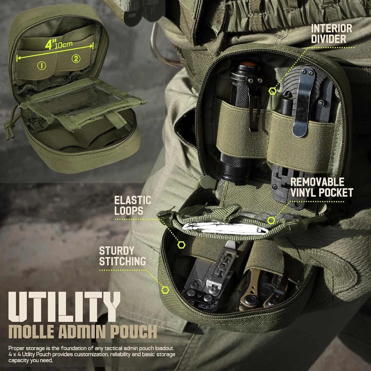 2 Pack Small Molle Pouch, Mini Tactical EDC Belt Pouches 4x4 GP Army Green