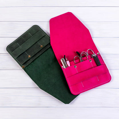 Leather Manicure Set Case Grooming Kit Organizer (Fuchsia) 5" x 5.1", Fuchsia
