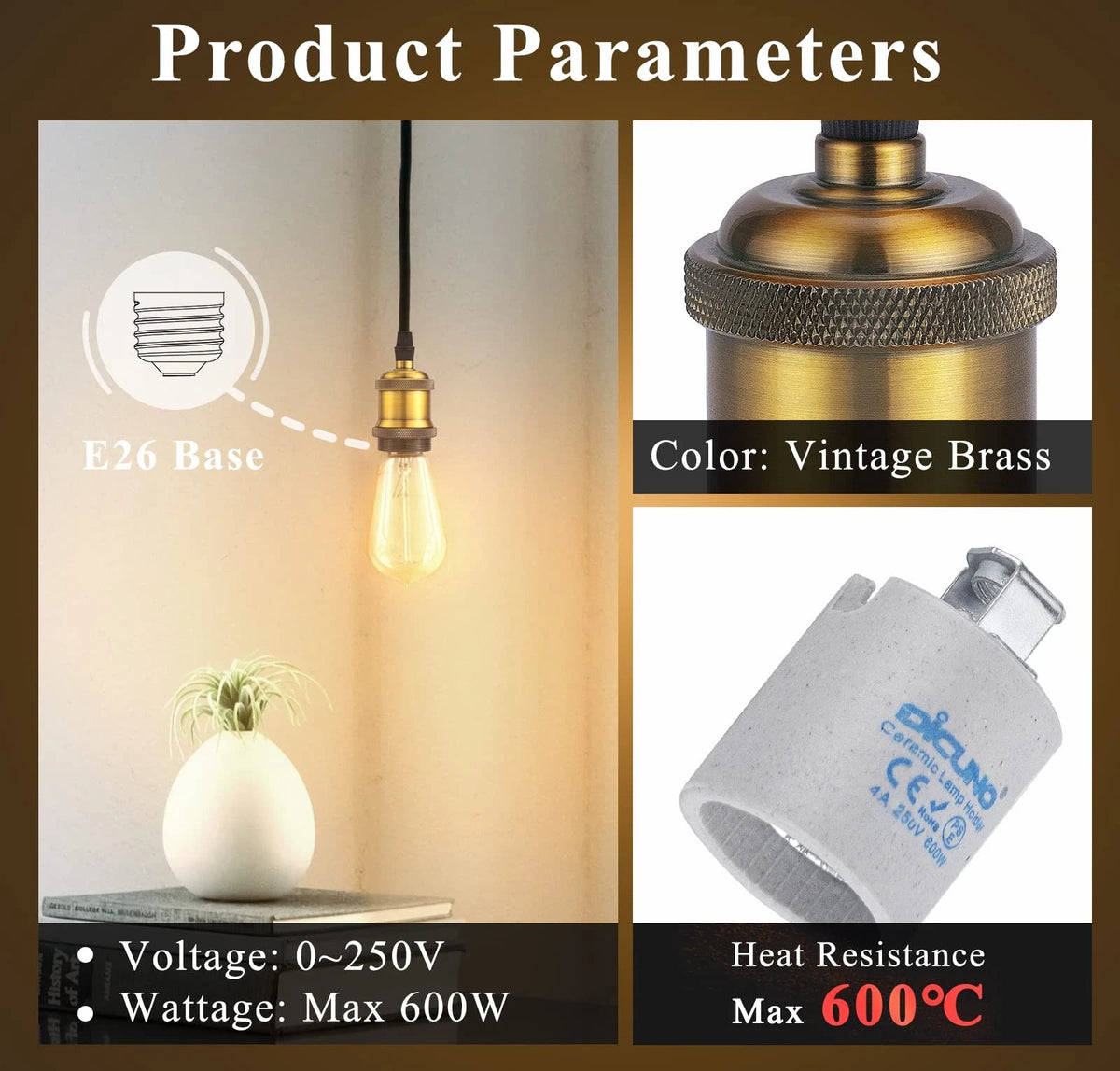 DiCUNO E26 Vintage Lamp Socket, Edison Pendant Light 4pcs, Brass
