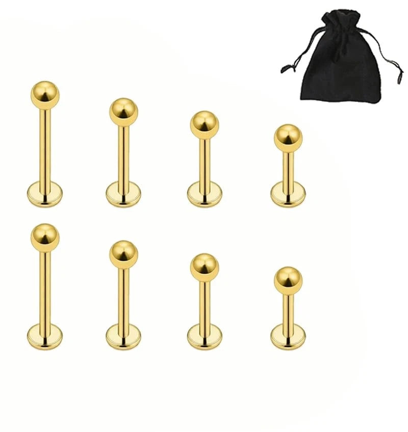 Solala 8pcs 16G Stainless Steel 3mm Ball Labret 6mm, 8mm, 10mm, 12mm, Gold