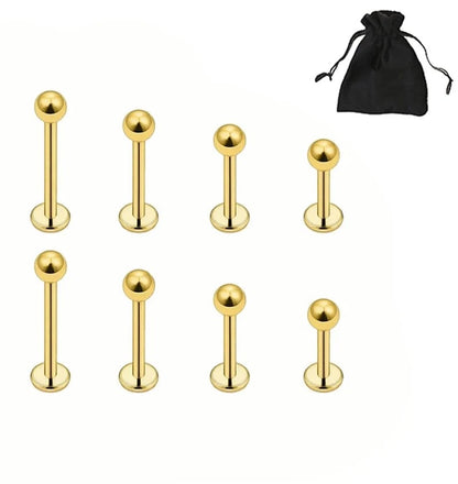 Solala 8pcs 16G Stainless Steel 3mm Ball Labret 6mm, 8mm, 10mm, 12mm, Gold