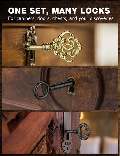 Skeleton Key, 20PCS Universal Hollow Barrel Antique Keys Gold, Black, Silver