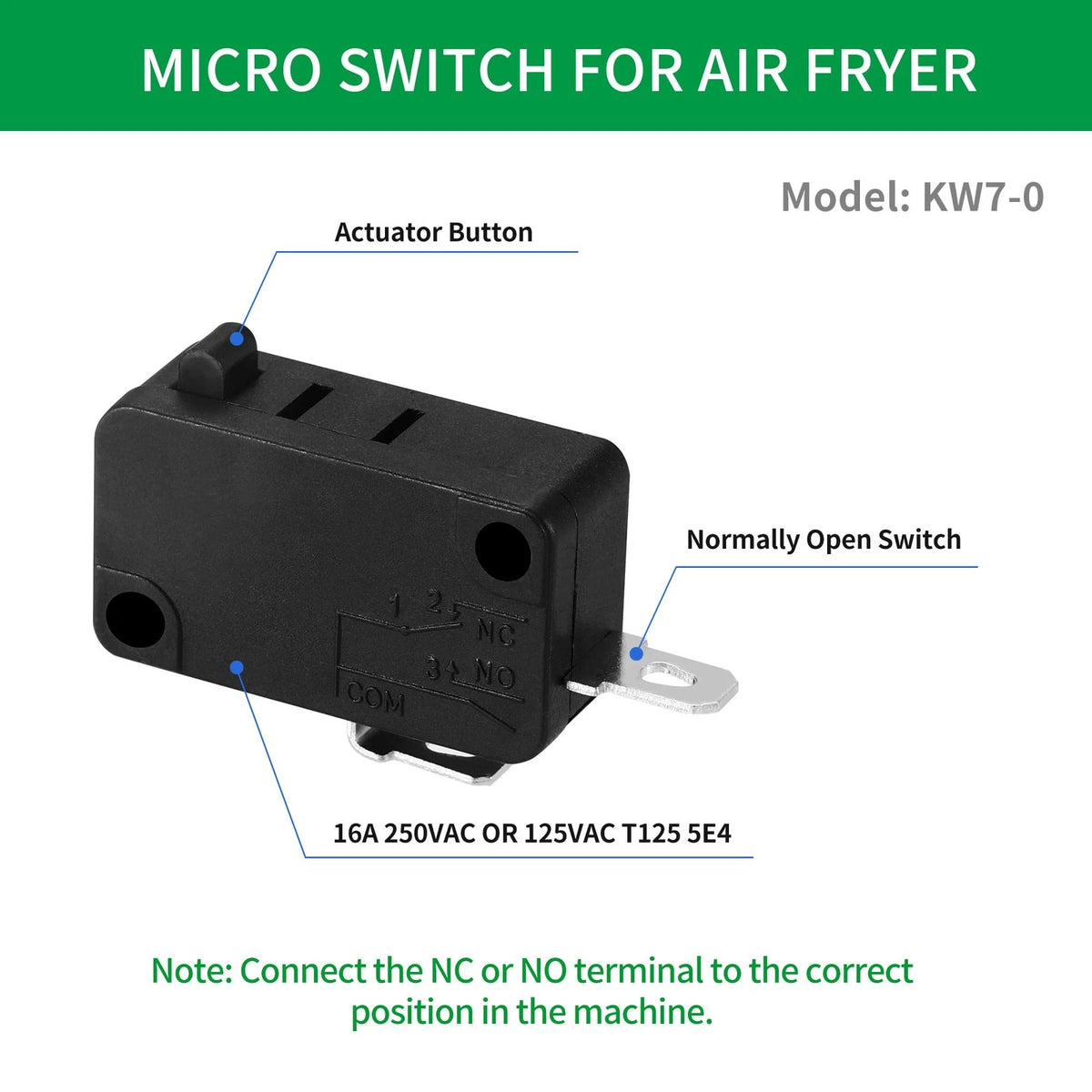 Qtcial 2-Pack KW7-0 Micro Switch for Air Fryer Repair standard size, black