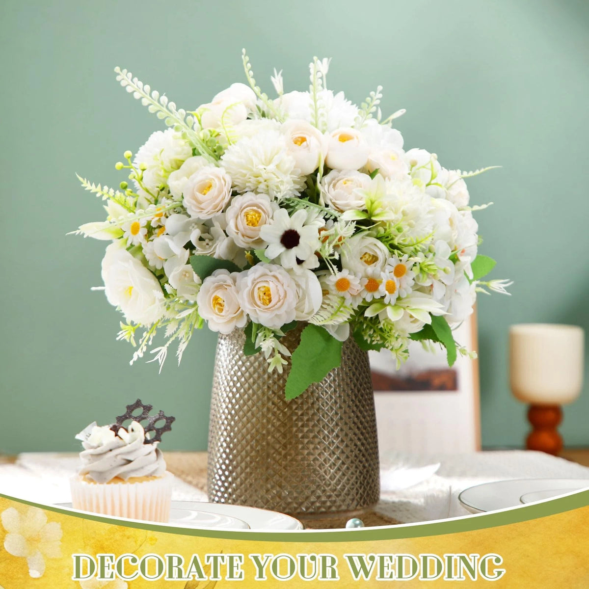 Tigeen 6 Bundles Artificial Bouquet Flowers Peonies Faux White