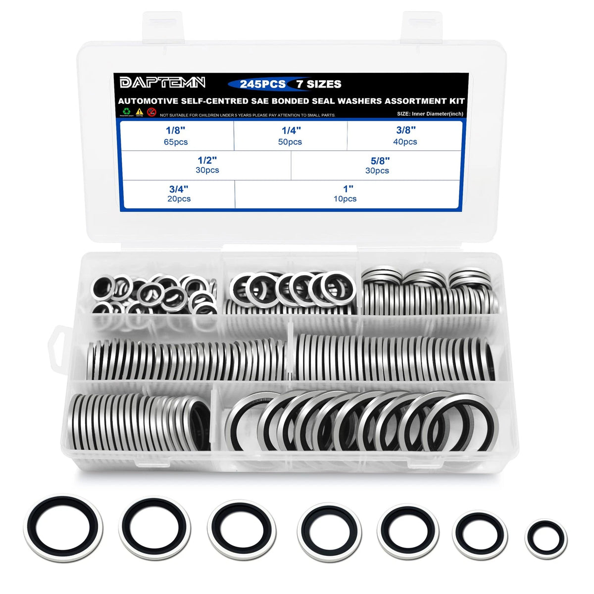 Daptemn 245 PCS SAE Bonded Sealing 1/8" - 1", 245PCS Black Seal Washers