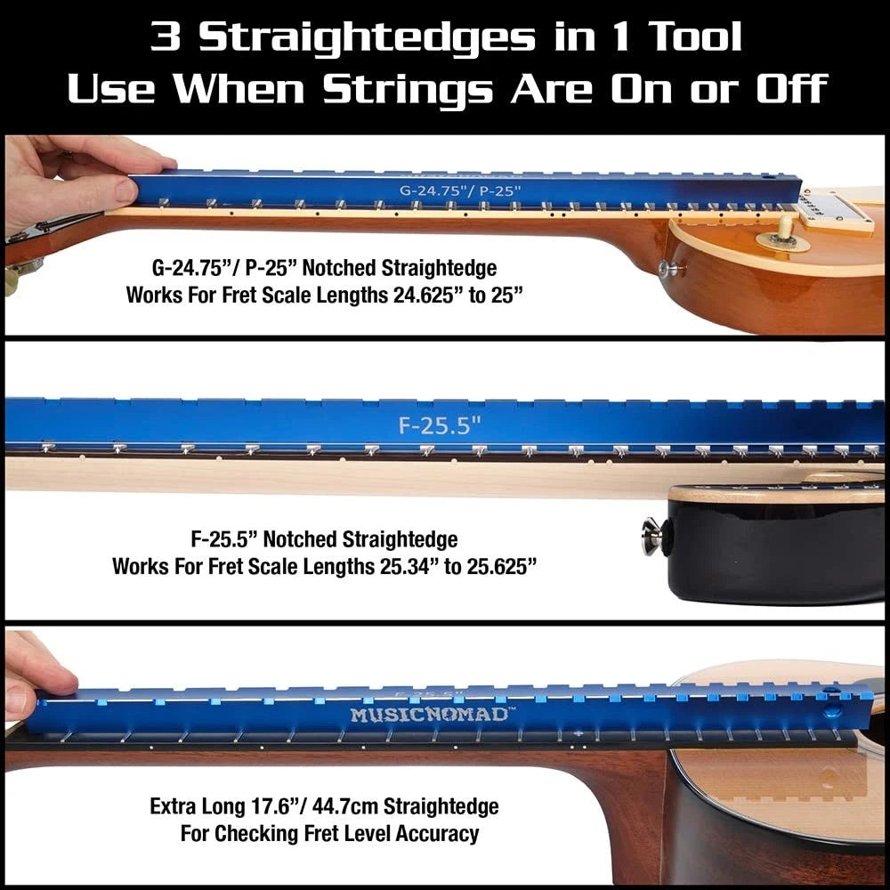 MusicNomad Tri-Beam 3 'n 1 Dual Notched Straightedge & Blue anodized finish