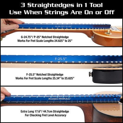 MusicNomad Tri-Beam 3 'n 1 Dual Notched Straightedge & Blue anodized finish