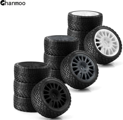 1/10 RC Rally Car Tires 12mm Hex Plastic Wheels Rims & On Road Tyres Black
