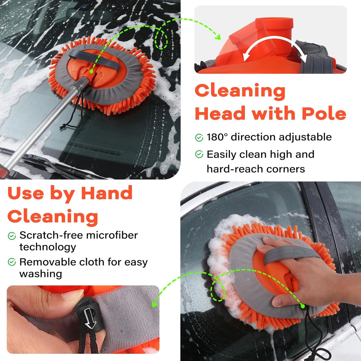 ACTREY Car Wash Brush with Long Handle,Car Clean 6-in-1 Kit, Orange