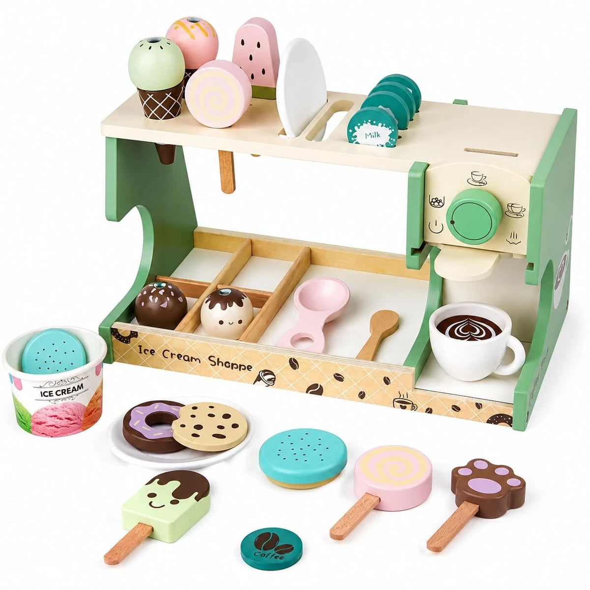 Wooden Ice Cream Shop & Kids Coffee Maker Playset - child-size, Pastel Green
