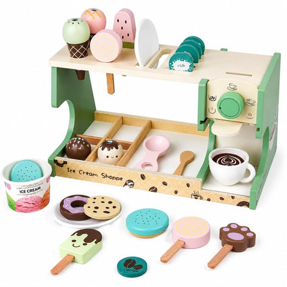 Wooden Ice Cream Shop & Kids Coffee Maker Playset - child-size, Pastel Green