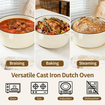 Blingco Enameled Cast Iron Dutch Oven pot 6.5 QT with Lid 6.5qt, Cream White