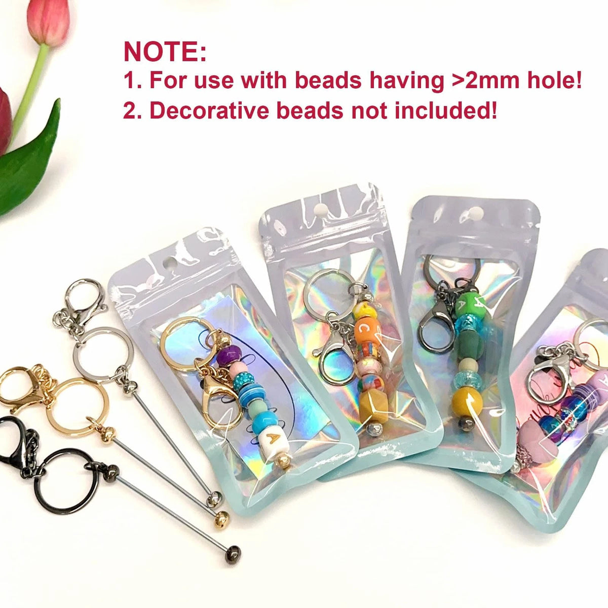 42 Pcs Beadable Keychain Bars Bulk Blank Beaded Making Small, Silver