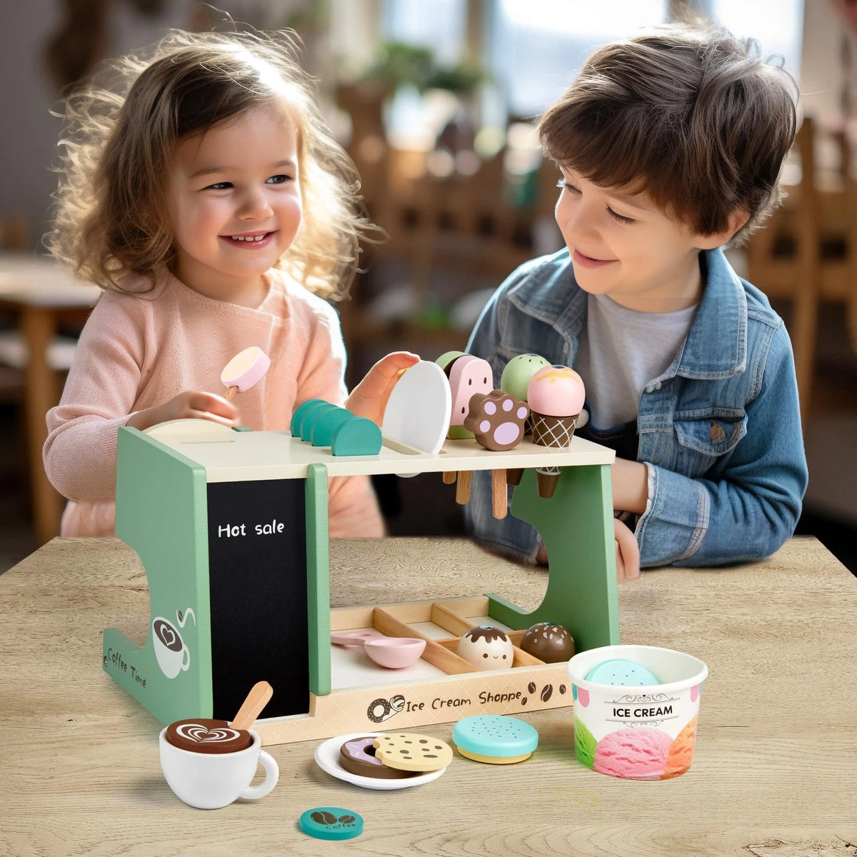 Wooden Ice Cream Toy, 3-in-1 child-size, White, Pink, Green, Brown
