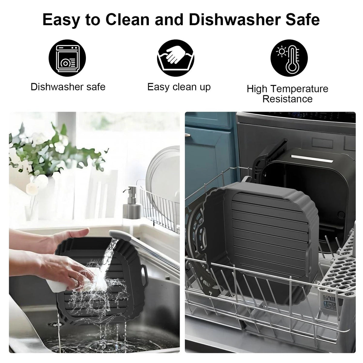 PINTAUR Square Silicone Air Fryer Liners 2 Pack, Compatible 5-6.5QT, Black