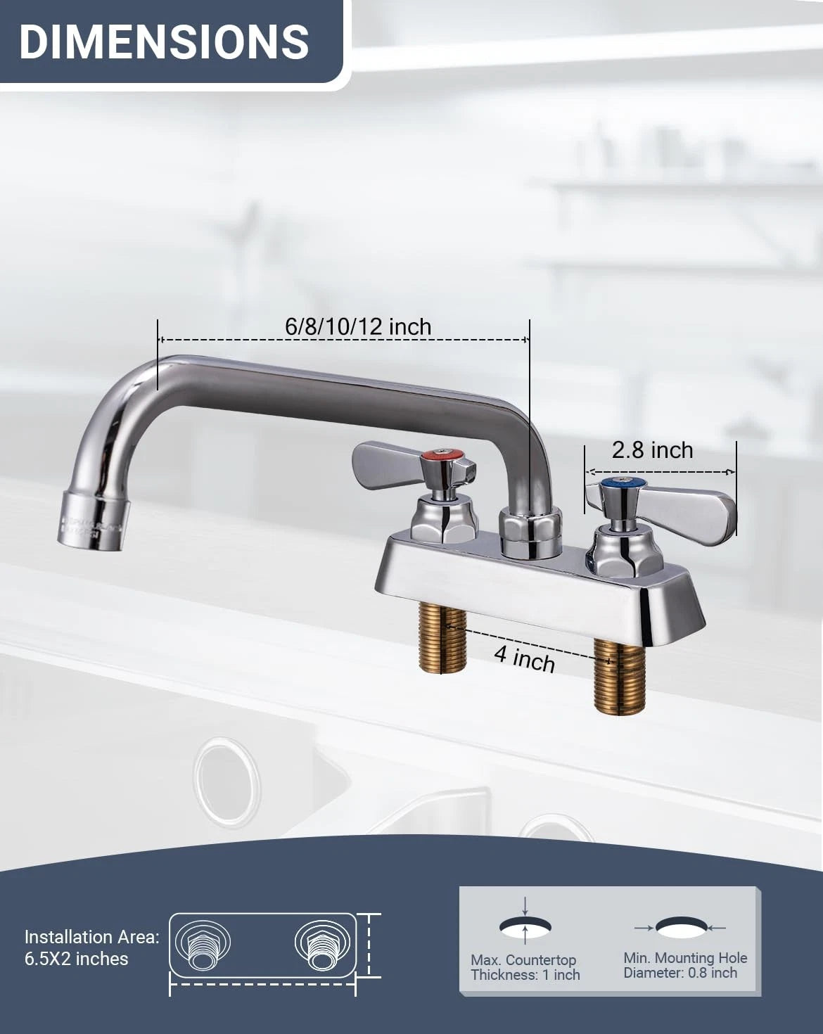 Phivan Commercial Sink Faucet 4 4" Center 10" Swivel Spout, Polished Chrome