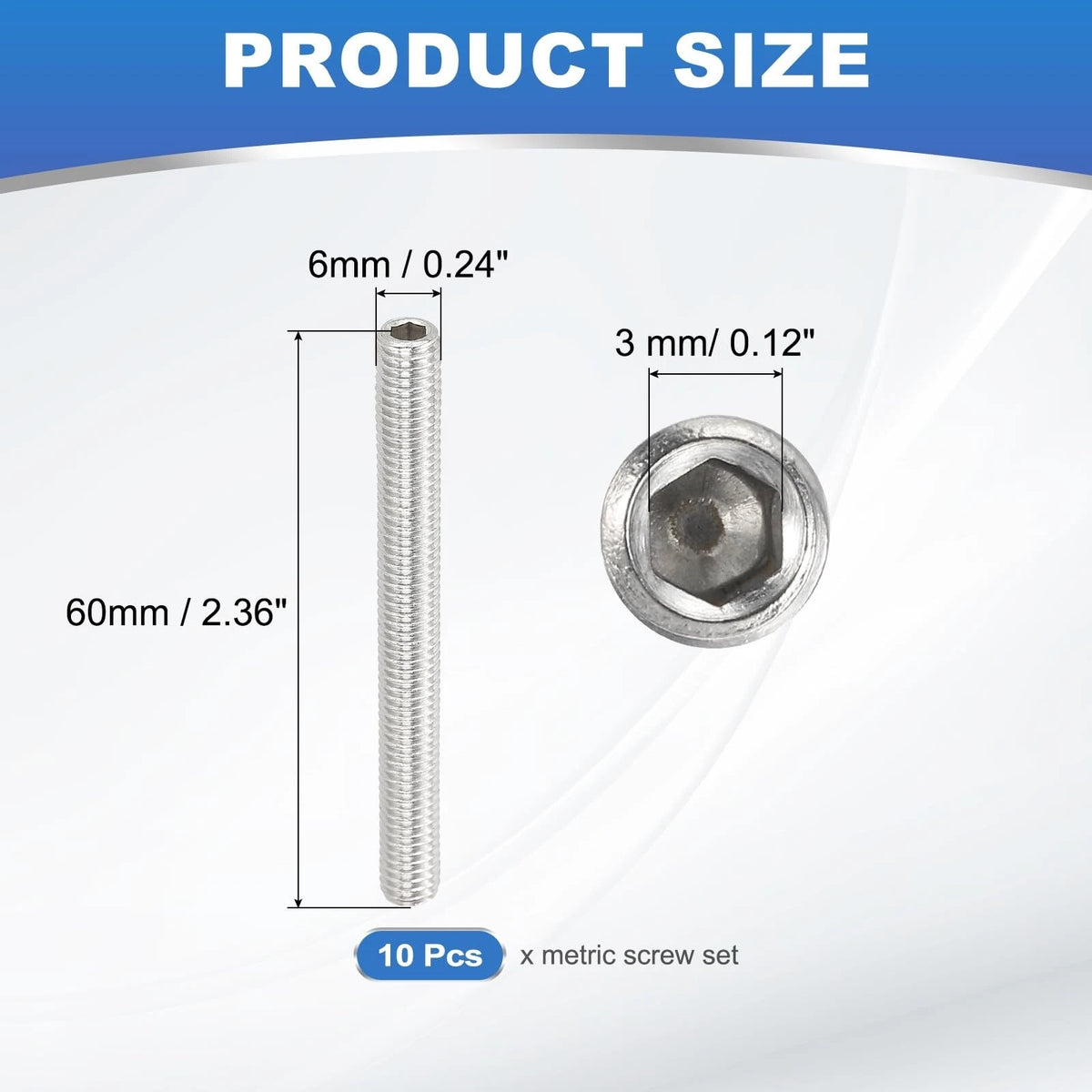 PATIKIL 10 Pcs Hex Socket Grub Screw, M6x60mm Flat Point M6x60mm, Silver