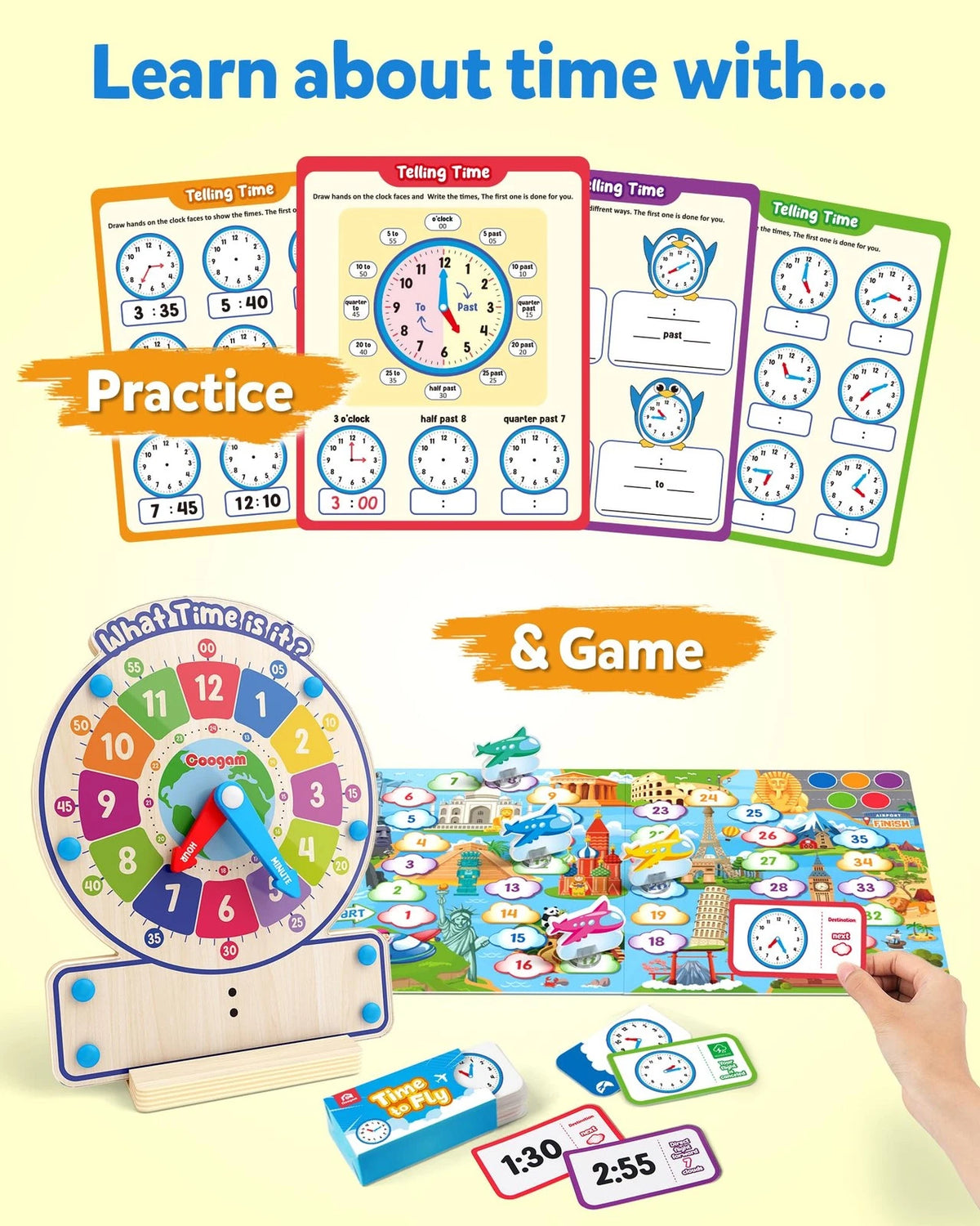 Coogam Wooden Clock Teaching Time Toy, Analog Medium, Red, Green, Blue