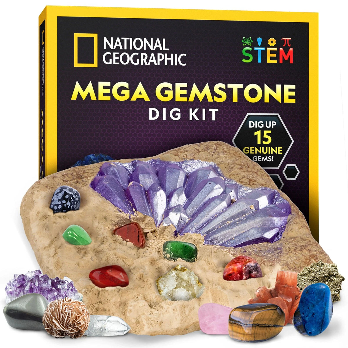 NATIONAL GEOGRAPHIC Mega Gemstone Dig Kit – Up 15 Gemstones, Multicolored