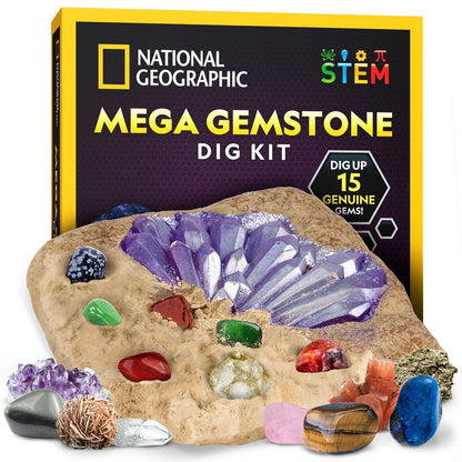 NATIONAL GEOGRAPHIC Mega Gemstone Dig Kit – Up 15 Gemstones, Multicolored