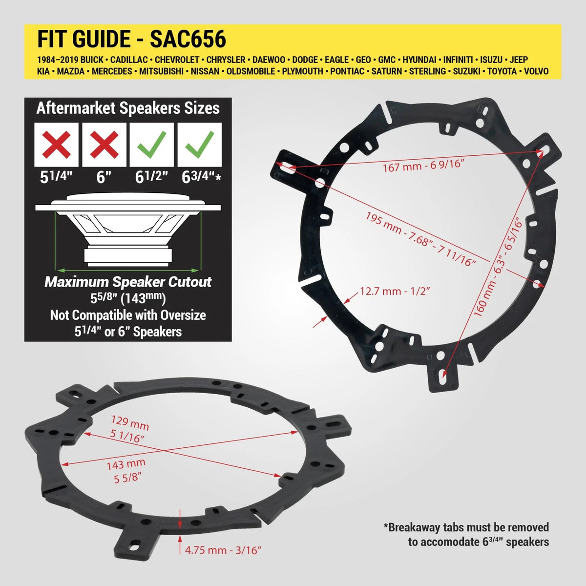 Scosche SAC656 6.5-6.75” Speaker Adapters Compatible with Select 1988-19...