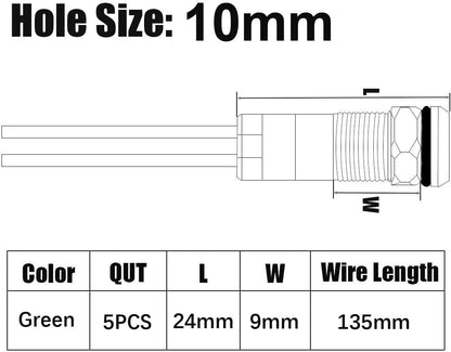 5pcs 10mm LED Metal Indicator Light AC/DC 12-24V Green