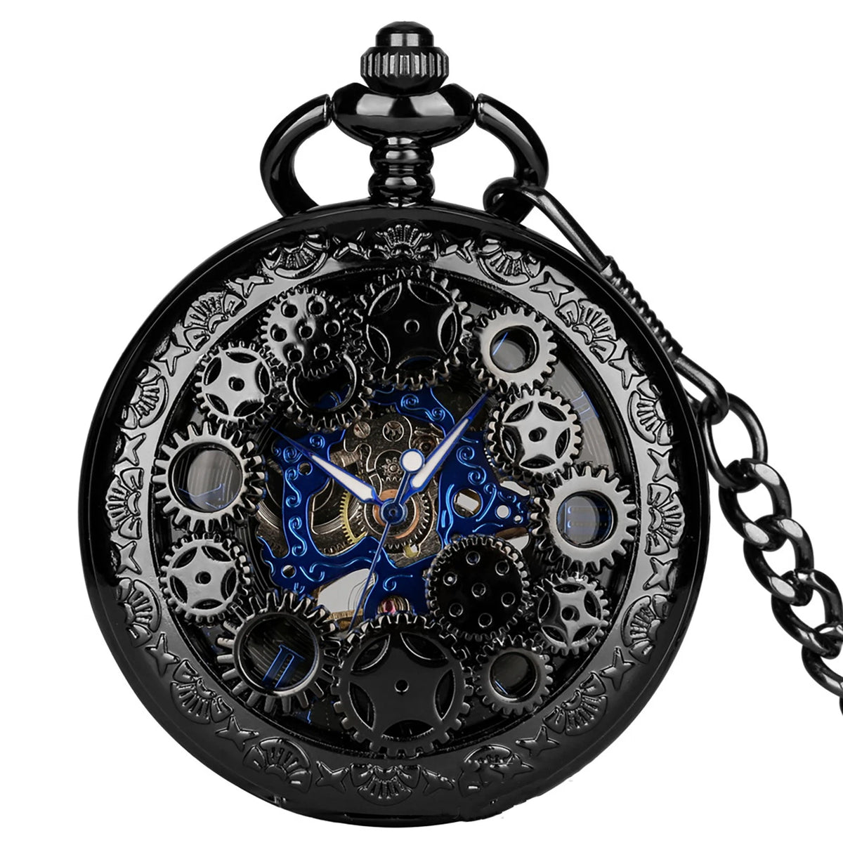 Mens Skeleton Mechanical Pocket Watch Hollow half Hunter Pocket Watch with Chain