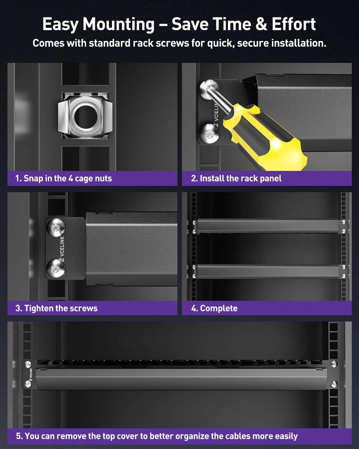 VCELINK 1U Server Rack Cable Management 24-Slot, 1 Pack of 1u 24-slot, Black