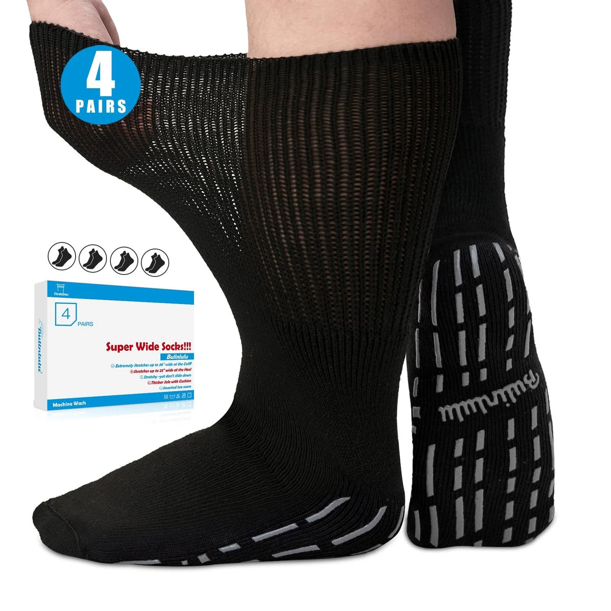 Bulinlulu Extra Width Diabetic Socks Women Men-4 Pairs Super Wide WIDE, Black