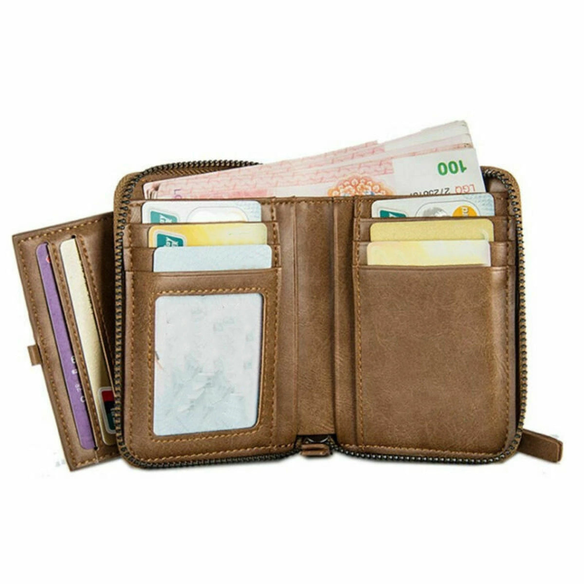 Fashion Men's Leather Business Wallet W/ Coins Pocket Zipper Purse Brown ww