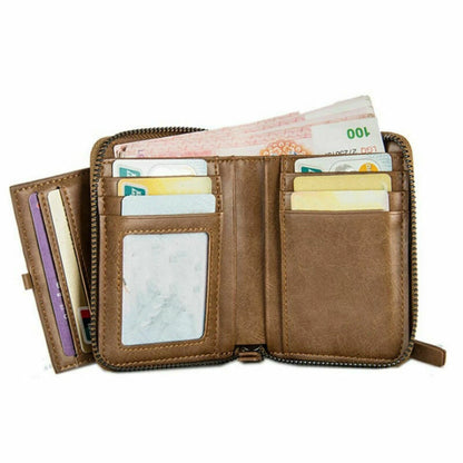 Fashion Men's Leather Business Wallet W/ Coins Pocket Zipper Purse Brown ww