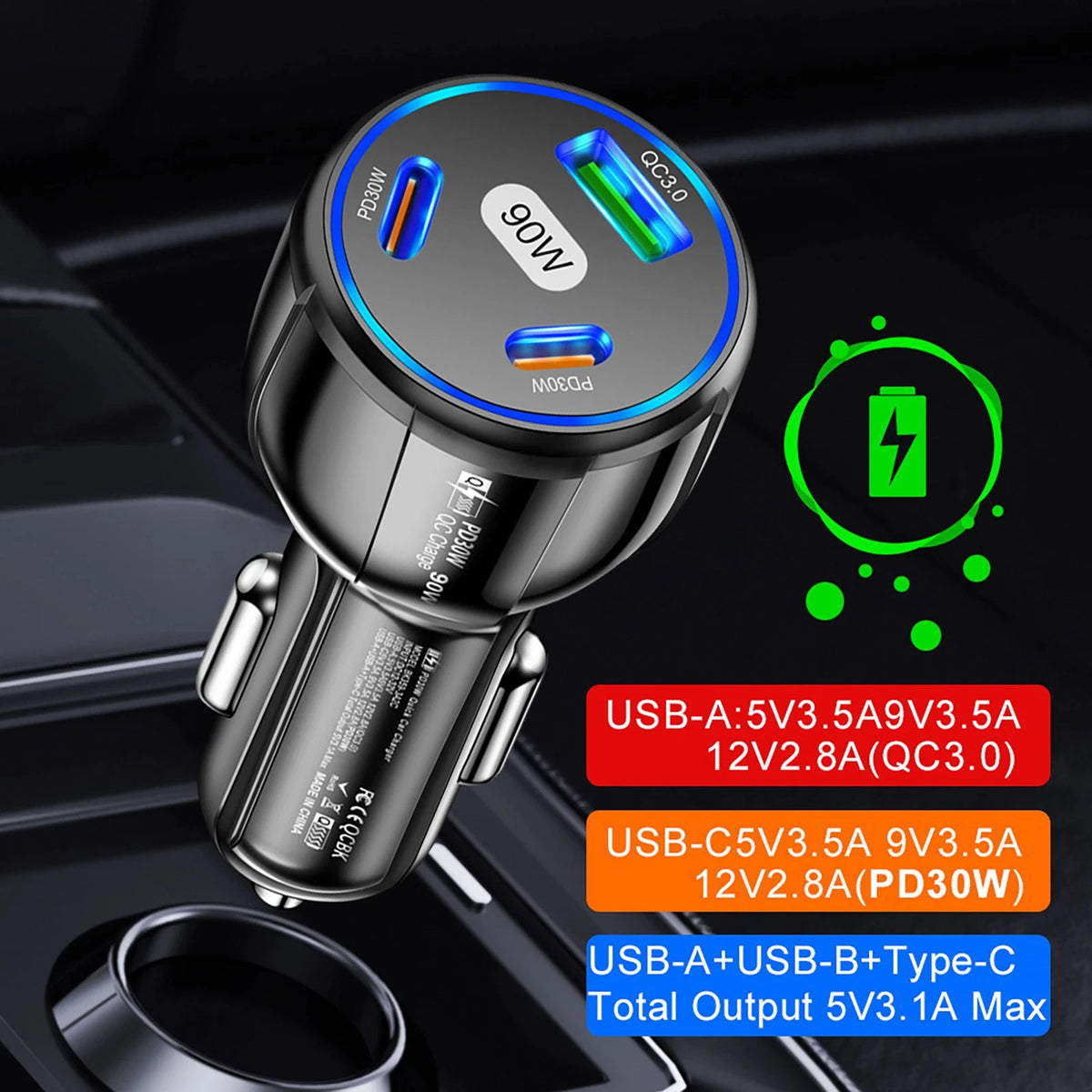 3 Port 90W Car Charger PD 30W QC3.0 Type C Cigarette Lighter USB Charger