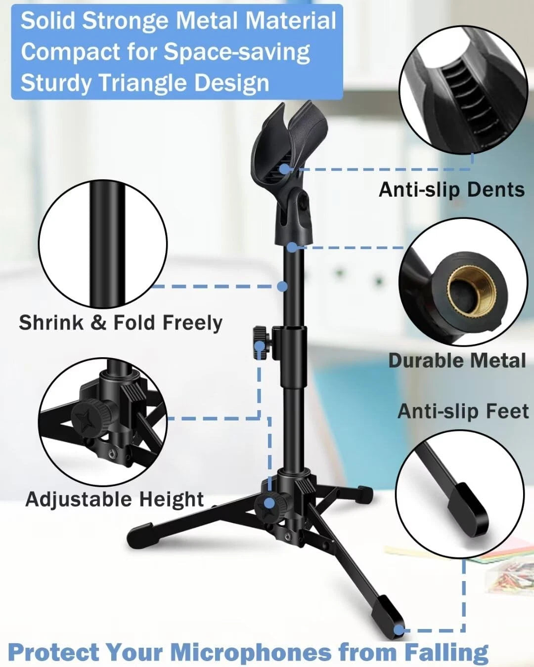 Mictop Desktop Mic Stand Portable Foldable Tripod with Clip Holder Black