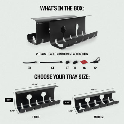 No-Drill Under Desk Cable Management Tray - 2-Pack Wire & Medium, Matte Black