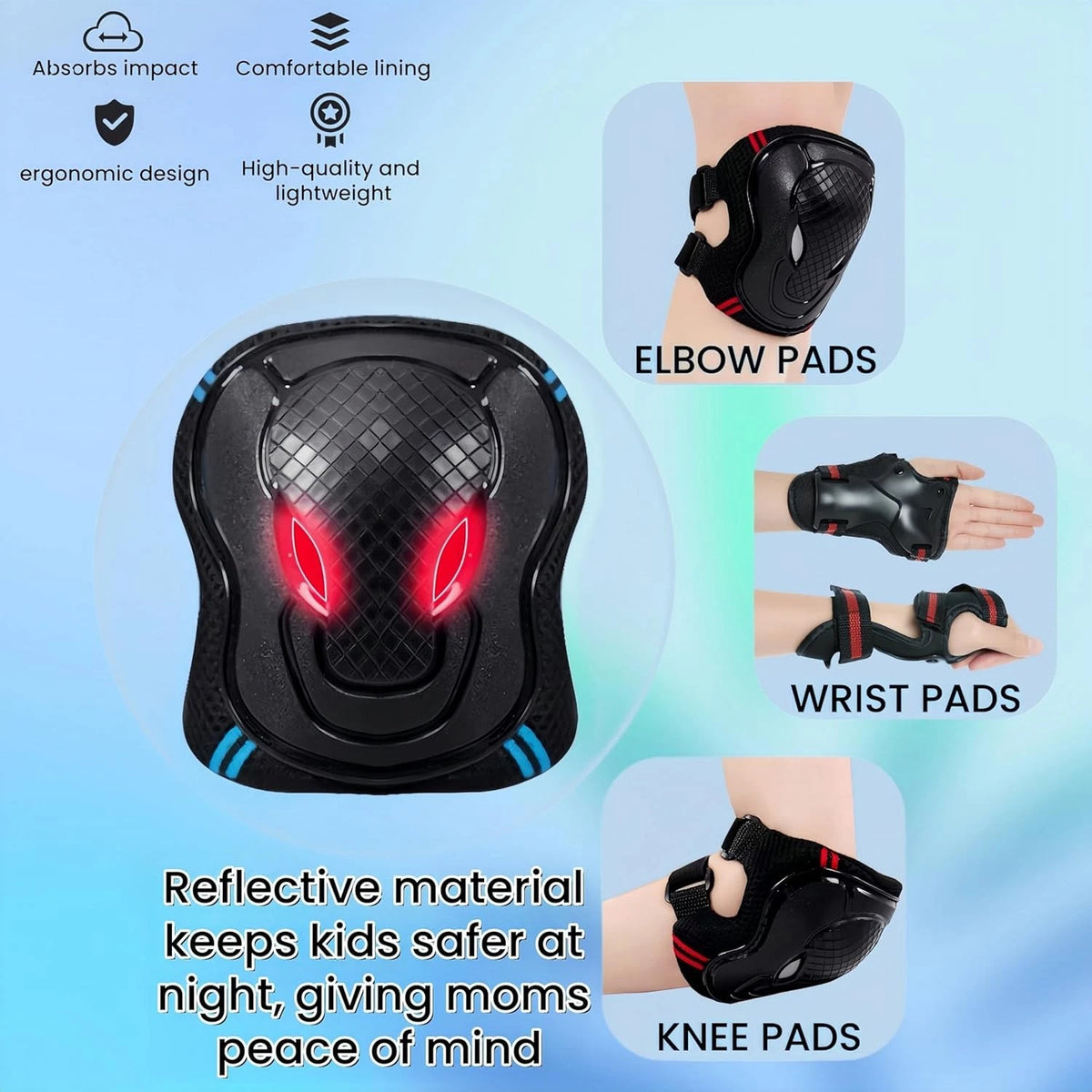 Kids Knee Pads and Elbow Set,Knee for Medium, black&red