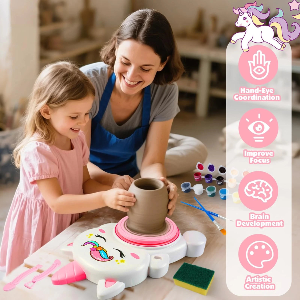 Pottery Wheel Kit for Kids with Glow Paints, Complete Arts white
