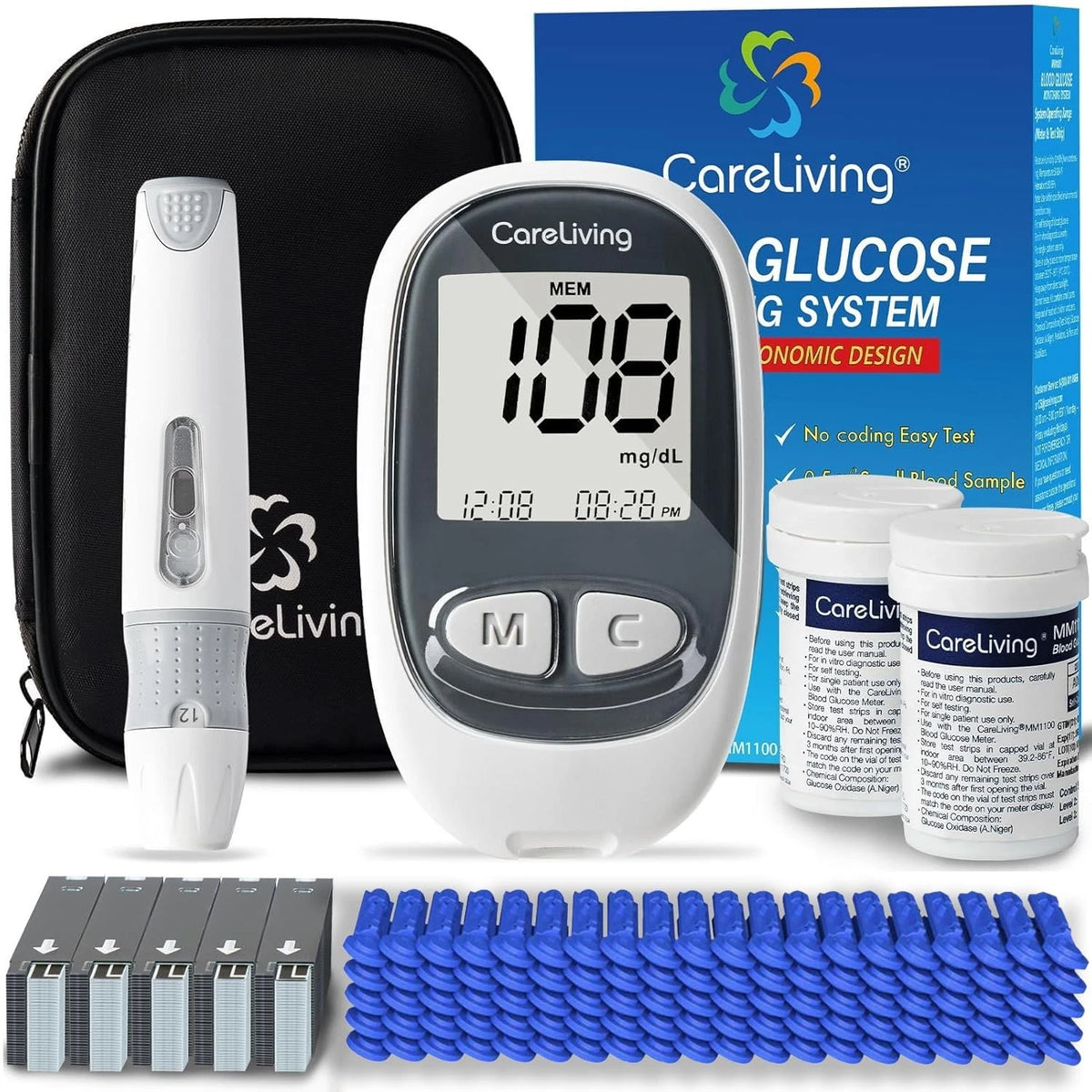 CareLiving MM1100 Blood Glucose Monitor Kit with 100 Test Strips, 100 gray