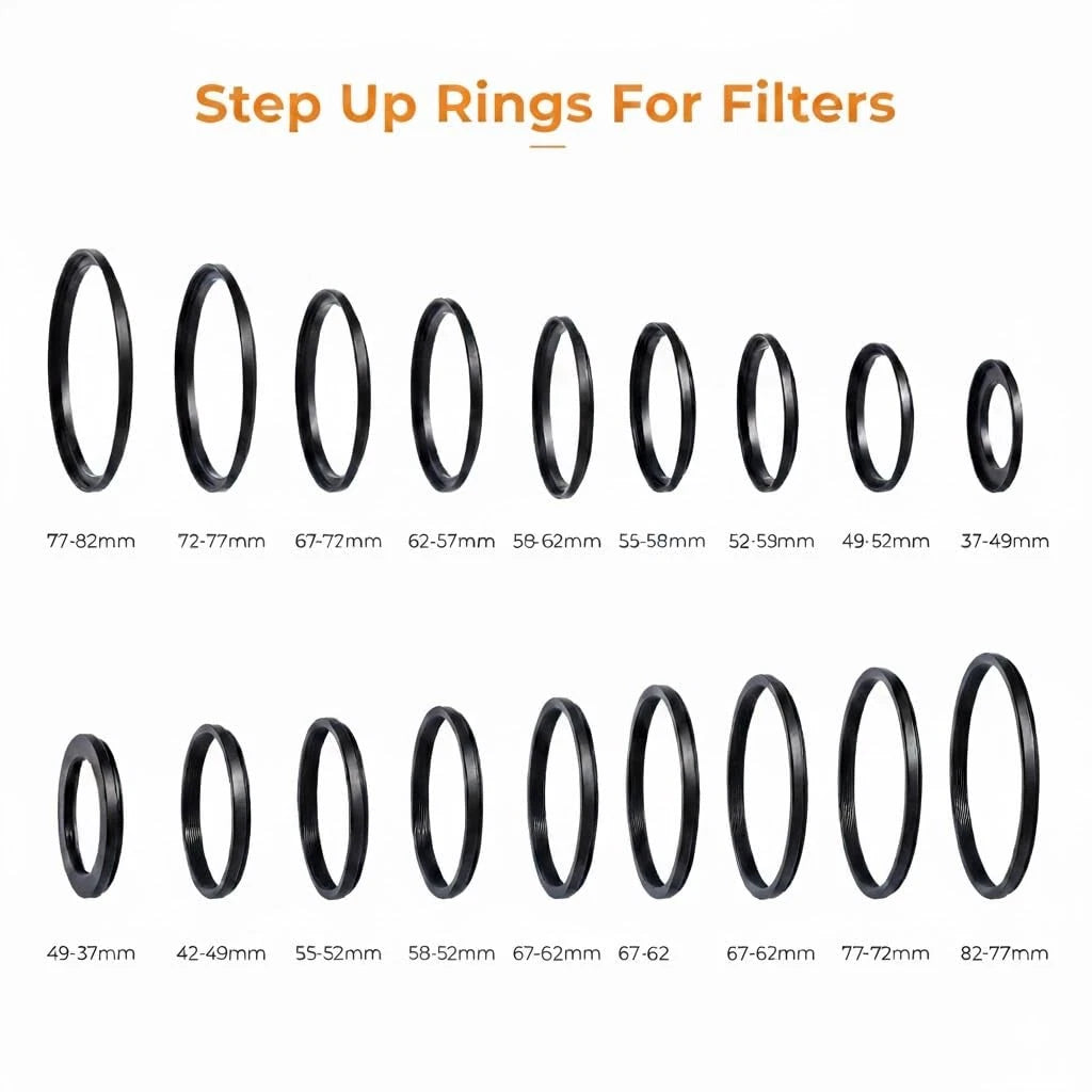 18Pcs 67-82mm Metal Step Up Down Filter Ring Adapter Set Compatible Black