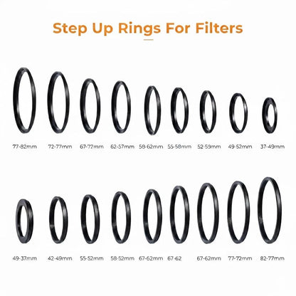 18Pcs 67-82mm Metal Step Up Down Filter Ring Adapter Set Compatible Black